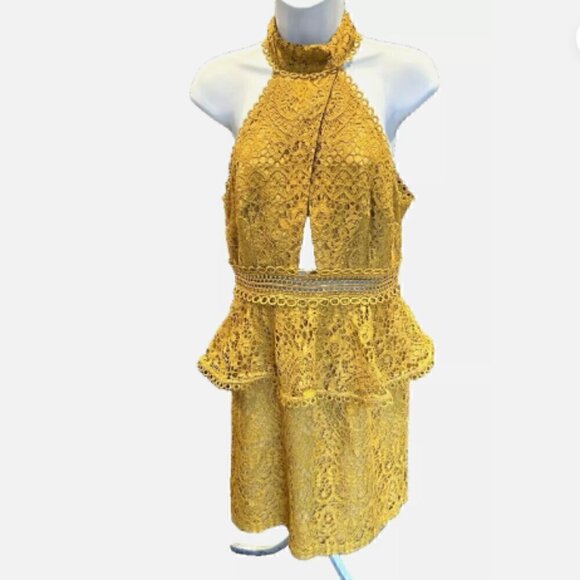 Like New ASOS Mustard Yellow Lace High Neck Peplum Cocktail Dress Size 4 - Picture 1 of 9